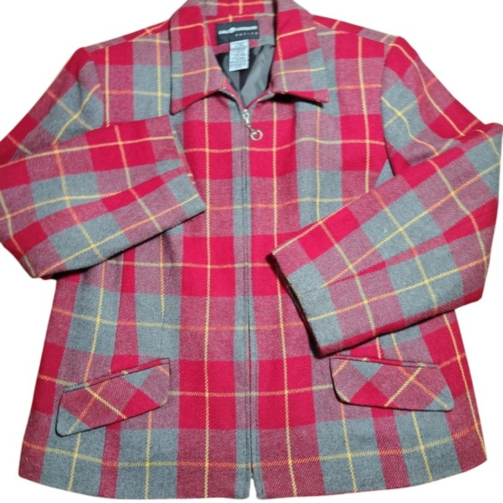 Jacket‎ Coat Plaid Red Gray Zip 14P academia wool blend country chic festival